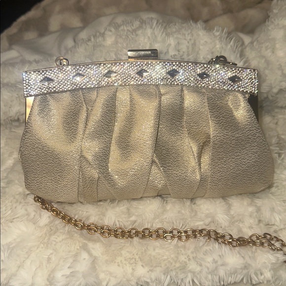 Handbags - Gleaming Cream Clutch with Rhinestone Detail Detachabable D- Ring long chain.